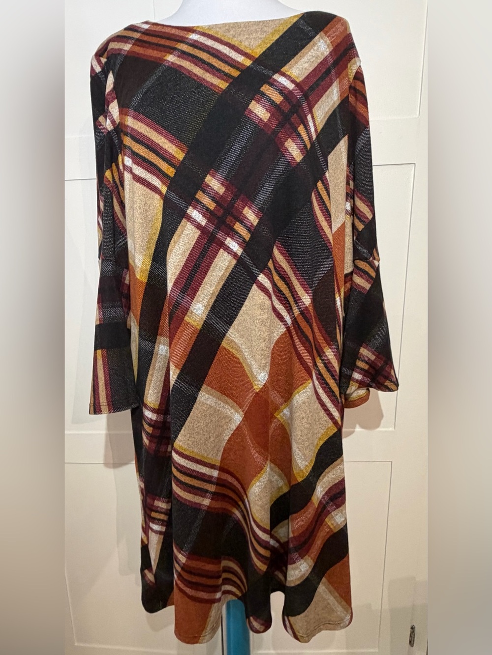 Women’s Plaid Swing Dress in Black, Rust & Cream